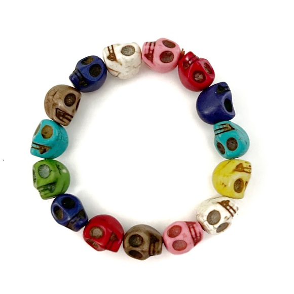 Skull Bead Bracelets Rainbow Teal Blue Stretchy Skeleton Goth Scary Halloween - Picture 3 of 14